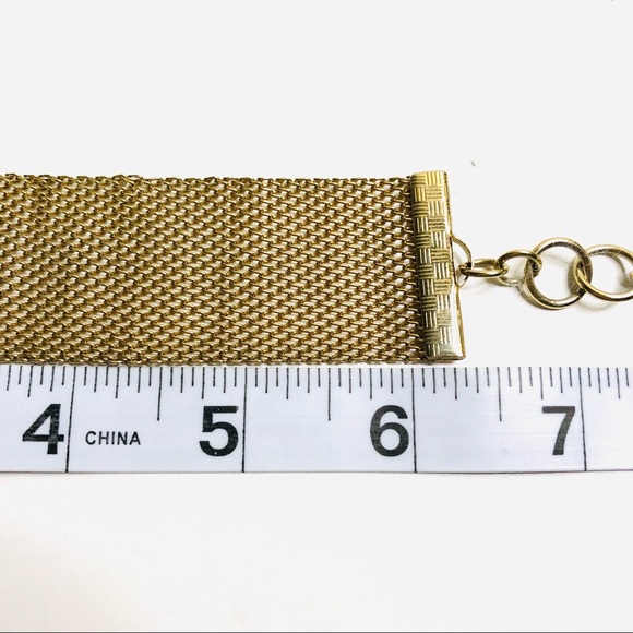Vintage Brass Gold Electroplated Puff Heart Charm Wide Mesh Bracelet - Picture 14 of 14